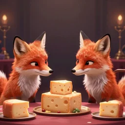foxes judging a cheese competition, furry, cute, disney style, artstation, detailed, award winning, dramatic lighting, cheese, fox, cheese competition, cheese contest, soft lighting, tv show, vaporwave, fox, cheese