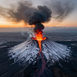 an aerial view of an erupting volcano, sunset, no clouds, snowy mountain, lava going down the mountain, a near big city, intense black smoke, dramatic style, hyper realistic professional photo