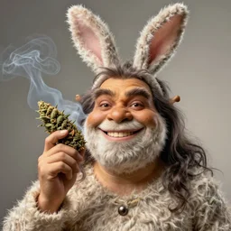 hyper realistic, portrait of a derpy mr. bean, big chungus, with bunny ears, shrek skin, very fuzzy, furry, long hair, smoking massive amounts of weed, big smile, buck teeth, soft lighting, by greg rutkowski, scott m fischer, artgerm, loish, slight glow, atmospheric, anne stokes, alexandros pyromallis, 4 k, 8 k