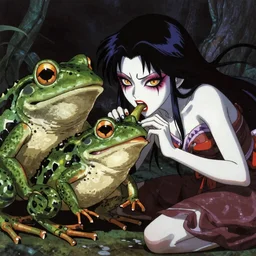 scary godlike fairy in the anime style of Junji Ito , eating a frog violently , being chased by a giant frog , petite , upper body , epic , traditional makeup , gorgeous features ,Perfect pixel art, Post-processing , Greg rutkowski legendary matte painting , masterpiece