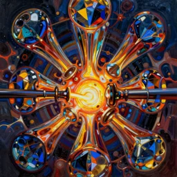 an extremely high quality hd surrealism painting of the abstract melt of glassblowing by the victorious essence of beethovens 7th symphony, molten glass, glowing, liquid glass, 4k, high quality, ultra realistic, painting, vivid reflective impasto brushstrokes, geometric forms, highly detailed symmetry, the fifth series