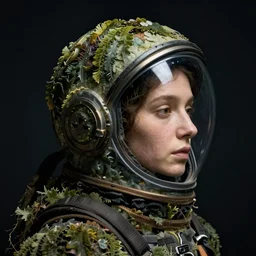 a woman's face in profile, wearing a space helmet made of seaweed, in the style of the dutch masters and gregory crewdson, dark and moody