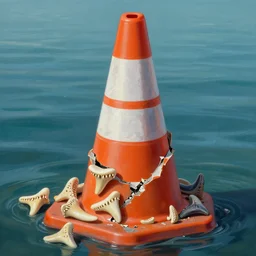 broken orange and white striped traffic cone filled with shark teeth, ocean background detailed atmospheric - ron cheng & alphonse mucha, highly detailed, digital painting, ray tracing, concept art, illustration, smooth sharp focus, intricate, symmetry, artstation,