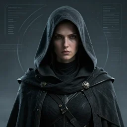 retrofuturistic portrait of a cloaked dystopian wanderer, hood and cloak, space graphics in background, close up, quint buchholz, wlop, dan mumford, artgerm, liam brazier, peter mohrbacher, raw, featured on artstation, octane render, cinematic, elegant, intricate, 8 k