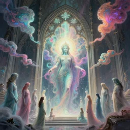 [ palate ] [ nebulous energy ] [ muted neon colors ] benevolent soul spirits congregating in front of an intricate giant gothic gateway, deity spirit at the gate, vibrant neon nebulous clouds, paisley pattern synapse clouds, symmetrical details, hyper realistic illustration, radiant light rays, photorealistic illustration, intricate and fine details, volumetric lighting, artstation