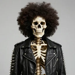 skeleton with an afro wearing a spiked leather jacket