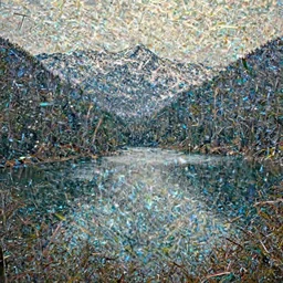 lake surrounded by mountains :: very beautiful, dreamy, poetic, melancholy :: pyrography