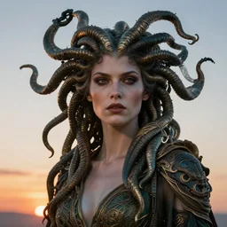 fierce medusa, sexy, fantasy character portrait, transcendent face, ultra realistic, cinematic, high contrast lighting, refracted sunset, highly detailed, concept art, wide angle, intricate details, art nouveau, highly detailed by collier, albert aublet, krenz cushart, artem demura, alphonse mucha rutkowski, aaron horkey, gaston bussiere, craig mullins, simon bisley, arthur rackham