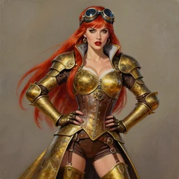 Steampunk Pin-up girl, alluring, latina skin, red hair, long straight hair, fully armor, brass colored armor coat, brown corset, tech goggles on hair, gears, posing, trending on artstation, artstationHD, artstationHQ, acrylic painting