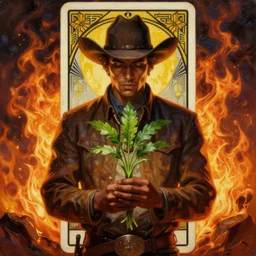 a beautiful dramatic epic ethereal symmetrical painting of a handsome cowboy holding a green plant in his hands | he is dark skinned and wearing a cowboy hat | background is an epic flames fire conflagration | tarot card, art deco, art nouveau | by Mark Maggiori | trending on artstation