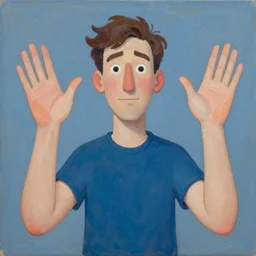 a two color acrylic painting of a cartoonish man holding his hands up, by solongo turbayar, by corona lisa, by peter keil, by peinture intitulee