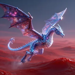 etheric ghost dragon with shiny glittery skin, galaxy on the wings, flying over a red sea, advanced digital art, ultra detailed, 8k
