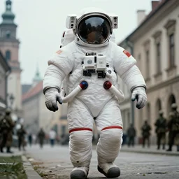 extreme low angle, white giant extremely oversized chubby american astronaut in spacesut with oversized helmet walking in legnica, in the background are tiny soldiers, movie still, bokeh, canon 5 0 mm, cinematic lighting, dramatic, film, photography, depth of field, award - winning, overcast, 8 k, 3 5 mm film grain