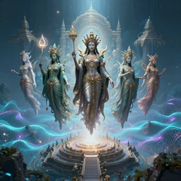 mysterious ancient dieties hovering over magical temple, infinite quantum waves, synthwave, highly detailed by ernst steiner