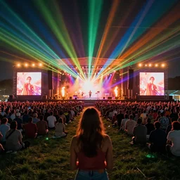 wes anderson cinemetography, artist on stage, music festival, mosh pit, flames, spotlights, colorful laser lights, outdoors, grass, crowd of fans, realistic