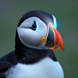 close - up cyberpunk puffin, lens, electric, neon, highly detailed, intricate, coherent, luminescent, national geographic wildlife photo, 8 k hdr