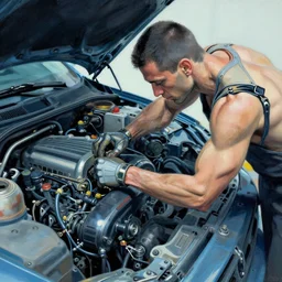 muscular mechanic fixing a car engine painting by arnold armitage, cool colors,