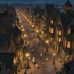 makoto shinkai, artgerm, ilya kuvshinov, overhead shot, steampunk full town, lots of people, overhead, night, victorian buildings in town, detailed, evening, gas lamps, overhead shot, cinematic lighting, evening, lots of people, lamps