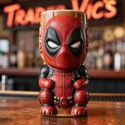 a closeup photorealistic photograph of a deadpool style tiki mug sitting at a trader vic's bar featuring the face of deadpool. tiki culture. bright scene. fine detail. this 4 k hd image is trending on artstation, featured on behance, well - rendered, extra crisp, features intricate detail, epic composition and the style of unreal engine.