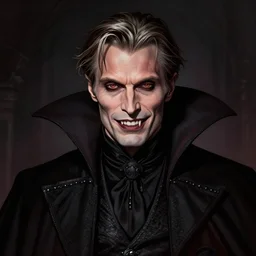 Portrait of Mads Mikkelsen as Dracula , the prince of darkness , lord of the vampires ,evil smirk , fangs , marvel comics, dark, intricate, highly detailed, smooth, artstation, digital illustration by Ruan Jia and Mandy Jurgens and Artgerm and Wayne Barlowe and Greg Rutkowski and Frank Frazetta