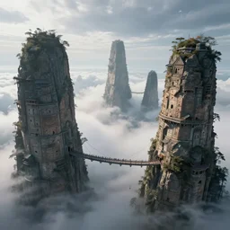 the last guardian towers, looking down from giant ancient towers poke out of the clouds, connected with hanging bridge!!, babel, vertigo, huge distance, by craig mullins, by ruan jia!, ( ( dr sues ) ), cold, dramatic lighting