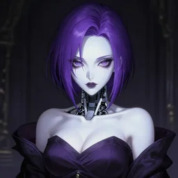Gorgeous and beautiful grown up anime women as a evil witch with purple short smooth shiny hair , pale white skin , open robotic eyes , artstation , 4K , Highly detailed , high quality , dramatic lighting , drawn by Yusuke Murata , elegant, highly detailed, centered, digital painting, artstation, concept art, artgerm, donato giancola, Joseph Christian Leyendecker, WLOP, Boris Vallejo, Artgerm
