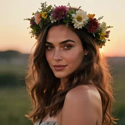 photo of the beauty gal gadot, she is posing while maintain a sweet eye contact to the camera, she has a crown of flowers, the photo was taken at sunset with a bokeh effect, photo by iris edward steichen, photorealistic, matte painting, hyper realistic, 4 k, 8 k, cinematic composition, hd, highly detailed, trending on artstation