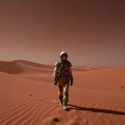 abandoned on mars, stranded person, dream like atmosphere, melancholy, walking in the red dunes