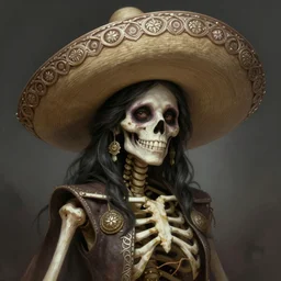 painted portrait of beatiful and cute smiling rugged undead skeleton girl wearing sombrero, fantasy, intricate, elegant, extremely detailed digital painting trending artstation concept art heroic portrait sharp focus, illustration, art by greg rutkowski magali villeneuve gaston bussiere