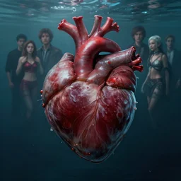 A fancy portrait of A heart submerged in water by Greg Rutkowski, Sung Choi, Mitchell Mohrhauser, Maciej Kuciara, Johnson Ting, Maxim Verehin, Peter Konig, Bloodborne, 8k photorealistic, cinematic lighting, HD, high details, dramatic, atmospheric , trending on artstation