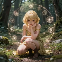 a cute sorceress with short blonde hair, with many detailed sigils made of magical energy orbiting in circles around her body, protecting her as she crouches warily on a forest path, fantasy anime, digital painting