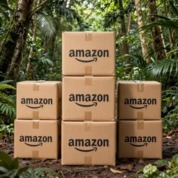 a bunch of amazon packages stacked in the middle of the amazon rainforest