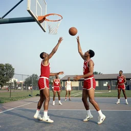 photograph of two man playing basketball in Harlem high school, circa 1975