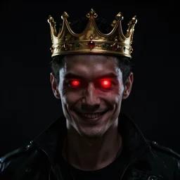 man with a crown, smirk, photograph, black backgrounds, glowing red eyes, cyberpunk