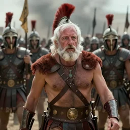 Bernie Sanders as Leonidas, with Leonidas beard, leading Spartans into battle at Battle of Thermopylae, in screenshot from the 300 movie