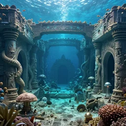highly detailed photoreaistic image of Atlantis underwater ruins