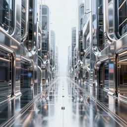 ! dream extremely high quality 8 k 3 d render of a metallic cyberpunk neon city street, polished, highly reflective, highly detailed, clean, sharp, crisp clean shapes, cast glass, brushed metal, symmetry, mercury, chrome, obsidian, highly detailed, high detail, very aesthetically pleasing