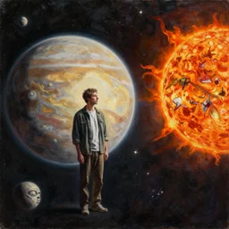 man as big as the solar system standing in space, next to the sun, oil on canvas, intricate, 8k highly professionally detailed, HDR, CGsociety