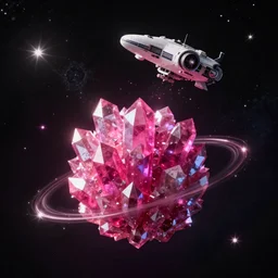 magenta crystal planet with falling spaceship above, 🌌, sparkling stars, kaleidoscopic, 8k,  high detail, wide shot