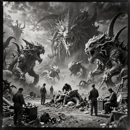 tintype photographs, wide angle view, operators, in isolated suits, dissecting huge lovecraftian creatures