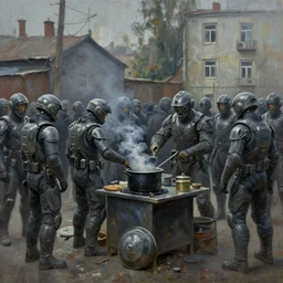 dark oil realistic painting a crowd of futuristic soldiers around a street vendor of saucepans in soviet suburb