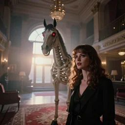 photorealistic wide angle close up shot cinematography of a beautiful woman acting in a twilight zone episode about a evil ghost skeleton horse with glowing red eyes shot on film at magic hour with the sun shining into a large 6 0's hotel lobby room filled with volumetric haze by the shining cinematographer john alcott on a cooke panchro 6 5 mm macro lens.