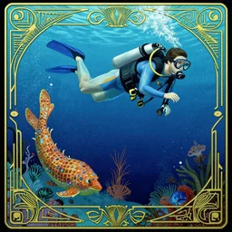 vaporwave art deco of scuba diver in atlantis by adolphe millot