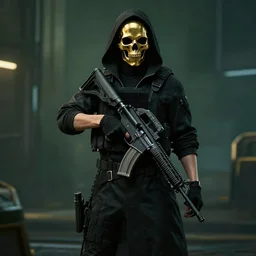 dark figure wearing black robe tactical carrying AR-15 hooded polished gold skull cyberpunk 2077 bladerunner 2049 movie still (2017) Wayne Barlowe and Greg Rutkowski