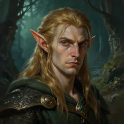 dungeons and dragons forest elf character closeup portrait, dramatic light, dungeon background, 2 0 0 mm focal length, painted by stanley lau, painted by greg rutkowski, painted by stanley artgerm, brom, digital art, trending on artstation