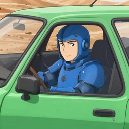 blue knight in a green hatchback car, close up, anime, desert landscape, greg manchess, akehiko inoue and ross tran, Pyromallis Nekro Rene Margitte, Murata, one punch man manga, fight dragon