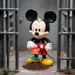 mickey mouse with gold hair planting flowers in a prison cell, 3 5 mm photograph