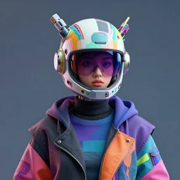 full portrait of a post modern hybrid fashion model with an exuberant biotech helmet, colorful, octane render, vray, detailed, halftoned, editorial illustration, matte print, grainy light, ( ( dither ) ), risograph, high contrast, screen print, grainy texture