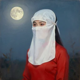vietnamese female with white cloth mask wearing traditional red ao dai, full moon on the sky, a ultra detailed beautiful aged oil panting by le pho