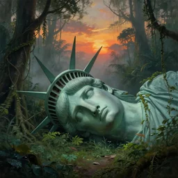 giant statue of libertys head lying sideways on the ground reclaimed by the jungle .surrounded by tall vines in oversized misty jungle, moody sunset and dramatic sky , oil painting by frazetta, low angle, postapocalyptic, cinemascope panorama